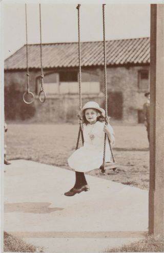 Old Vintage Photo Children Girl Dress Hat Playing Swing Park F4