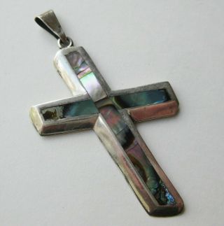 Vintage Taxco Mexican Sterling Silver Abalone Cross Necklace Pendant