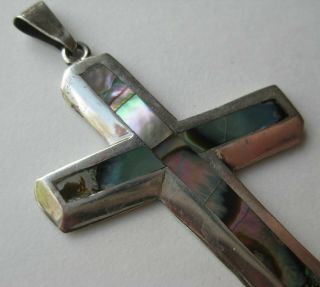 Vintage Taxco Mexican Sterling Silver Abalone Cross Necklace Pendant 2