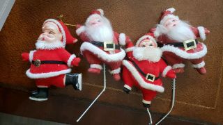Set Of 4 Vintage Flocked Santa Claus Christmas Ornaments Skating Dancing Velvet