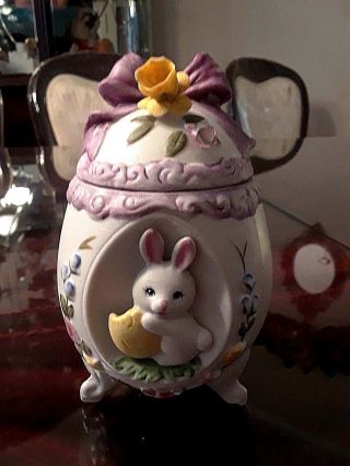 Vintage Lefton Ceramic Easter Egg Trinket Box Footed Bunny Rabbit 5