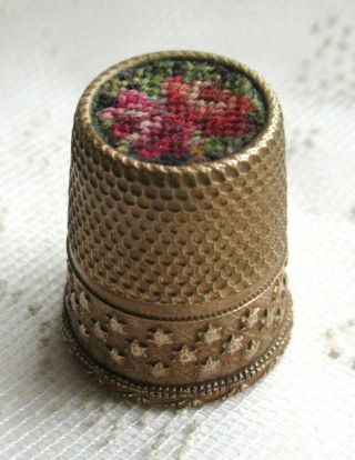 Vintage Star Motif Brass Thimble With Petit Point Roses Inlaid Top
