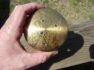 Vintage Chile Brass Round Trinket Box Bird Lapis Turquoise 3 1/4 " X 1 1/2 "