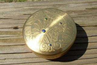 Vintage Chile Brass Round Trinket Box Bird Lapis Turquoise 3 1/4 