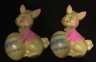 2 Vintage Easter Bunny Rabbit W/ Egg.  Yellow & Pink Plastic Cake Topper.  1960s.