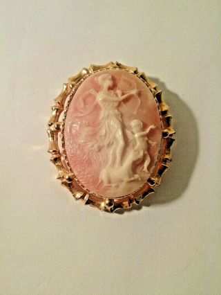 Vintage Shell Pink Incolay Cameo Brooch - Psyche & Cupid Cameo Pin - No Damage