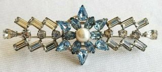 Vintage Sterling Silver Blue & Clear Rhinestone Pin Brooch Signed Ca Carl - Art