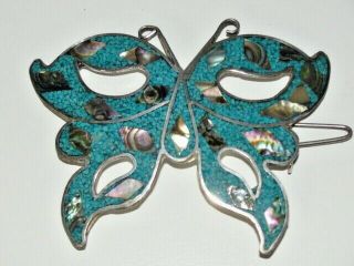 Vtg Turquoise Abalone Inlay Butterfly Hair Clip Barrette Silver Tone 1970 