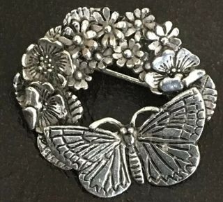 Vintage Masj 89 Brooch Silver Tone Butterfly And Flower Design