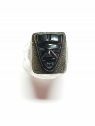 Vintage Mexico Sterling Silver Carved Onyx Mask Aztec Mayan Inca Face Ring