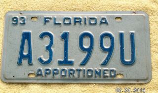 Vintage 1993 Florida Apportioned License Plate Expired Number A3199u