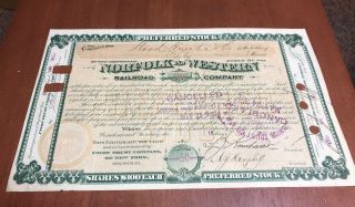 1887 Norfolk And Western Railroad Co.  Stock Certificate 100 Shares Preferred