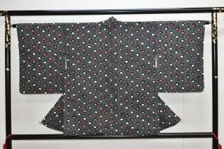 Vintage Silk Kimono Jacket:fully Shibori Black Diamond Tsunami Wave@ys33