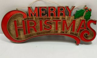Vintage Merry Christmas Plastic Hanging Wall Sign Decoration With Holly Berries
