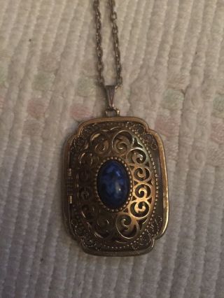 Vintage Estate Avon Blue Stone Locket Pendant Goldtone Chain Necklace