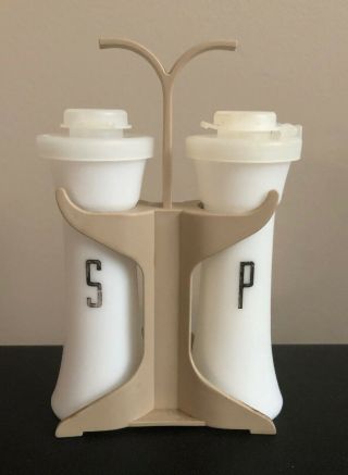 Vtg Tupperware 4 " Small Hourglass Salt Pepper Shakers With Caddy