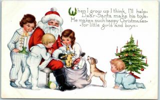 Vintage Whitney Christmas Postcard Santa Claus W/ Children & Bag Of Toys C1920s