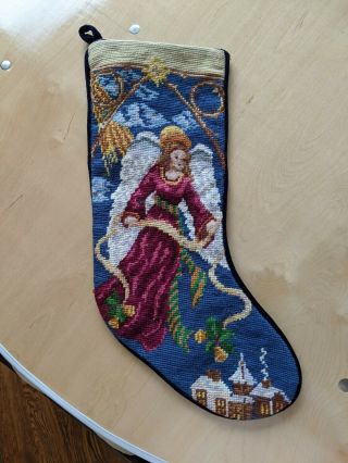 Vintage Needlepoint Christmas Stocking Angel Over Town (red And Blue With Gold)