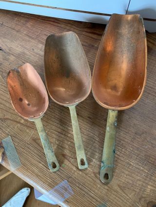 Vintage Copper 3 Piece Measuring Scoop Set Riveted Brass Handles,  2,  3 & 7 Ounce