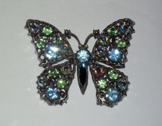 Vintage Weiss Silvertone Blue And Green Rhinestone Butterfly Brooch