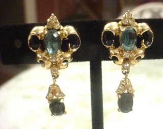 Vintage Coro Dangle Earrings Fleur De Lis W Sapphire Blue And Clear Rhinestones