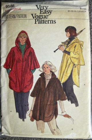 Vintage Uncut Vogue Hood Or No Hood Poncho Pattern 9588 Sz 16 - 18