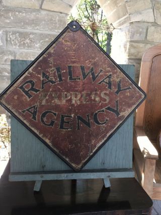 Vintage Railway Express Agent Double Sided Sign Metal Frame Great Patina