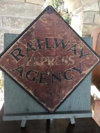 VINTAGE RAILWAY EXPRESS AGENT DOUBLE SIDED SIGN METAL FRAME GREAT PATINA 2