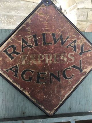 VINTAGE RAILWAY EXPRESS AGENT DOUBLE SIDED SIGN METAL FRAME GREAT PATINA 3