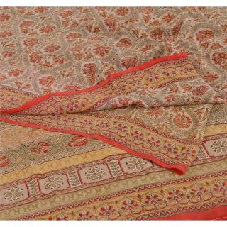 Sanskriti Vintage Cream Saree Pure Georgette Silk Printed Sari Craft Fabric