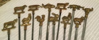 12 Vintage Bbq Animal Skewers Stainless Steel & Brass Rabbit Pig Fish Cow Chick
