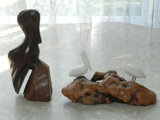 Vtg Mcm Carved Burl Wood Pelican Bird Sculpture John Perry Figurine 2pc