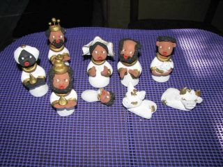 Vintage Mexico Mexican Folk Art Pottery Clay 9 Pc Nativity Set Check Out Photos