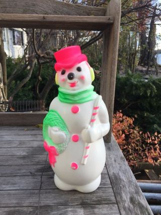 Vintage Empire Blow Mold Snowman Pink & Green 13 " Table Top Great