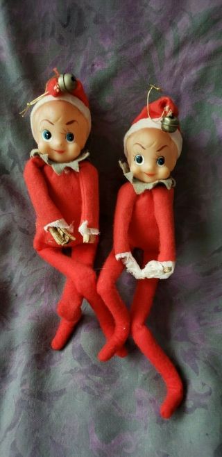 2 Vintage Christmas Knee Hugger Pixie/elves Japan White & Red - 10 Inches Long
