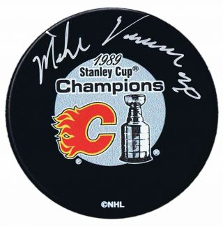 Mike Vernon Calgary Flames Autographed 1989 Stanley Cup Champions Puck