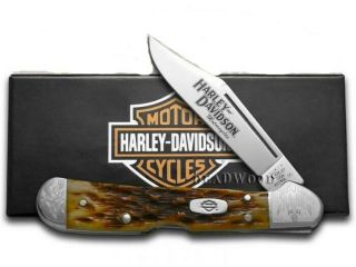 Harley - Davidson Motorcycles Jigged Antique Bone Mini Copperlock Knife With Case