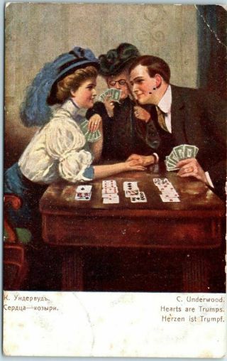 Vintage Artist - Signed C.  F.  Underwood Postcard " Hearts Are Trumps " C1910s Russia