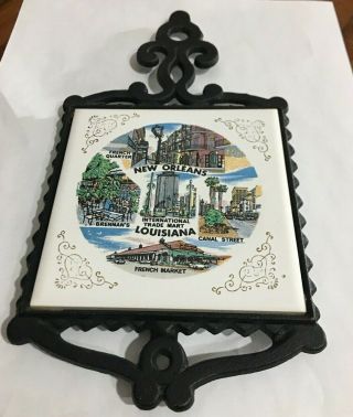 Vintage Cast Iron Trivet With Square Tile Advertising Orleans,  Louisiana