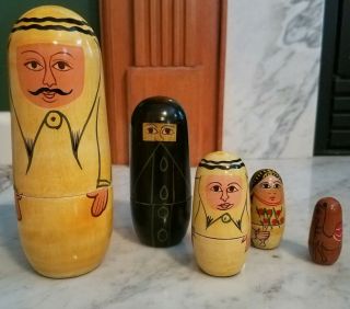 Vintage Rare Set Of 5 Wooden Arab Muslim Nesting Doll,  Handmade,  Handpainted 6 "
