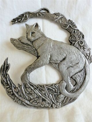 Vintage Metal Cat Wall Hanging Mountain Lion Cougar Pewter Signed Exc Cond