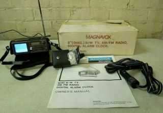 Vintage Magnavox Mini B/w Tv Am/fm Radio Digital Alarm Clock Bd3902 W/ Orig.  Box