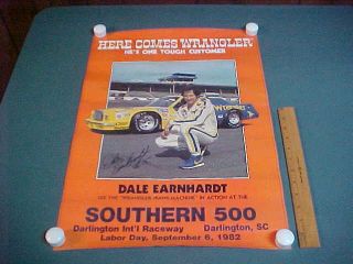 Vintage 1982 Southern 500 Dale Earnhardt Here Comes Wrangler Poster