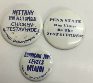 Three 1987 Penn State Vs Miami National Championship Buttons - " Hurricane Jopa "