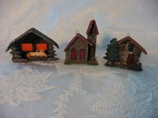 Three Vintage Mica Putz Christmas Village House Ornaments