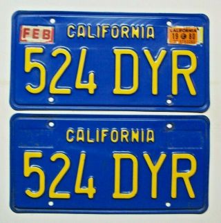 Pair 1980 California Passenger License Plates 524 Dyr