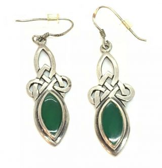 Gorgeous Vintage Green Enamel Glass Sterling Silver 1.  5” Celtic Earrings