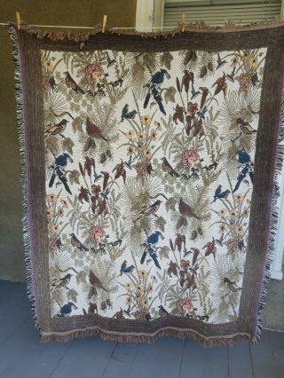 Vintage Woven Tapestry Throw Blanket 51”x63” “birds”