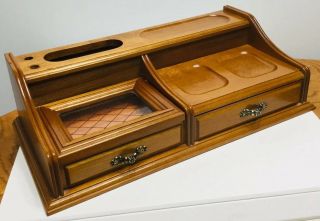 Vintage Mens Wooden 2 Tier Dresser Desk Caddy Valet Organizer W/ Divided Drawers