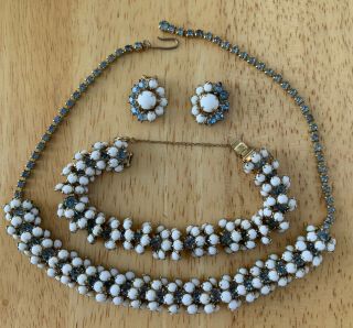 Vintage Necklace - Bracelet - Earrings Set - Blue Faceted Rhinestones/white Beads